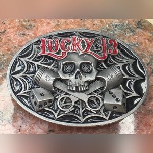 Lucky 13 Enameled Skull Piston's Dice Belt Buckle W/ Lighter Holder made In USA